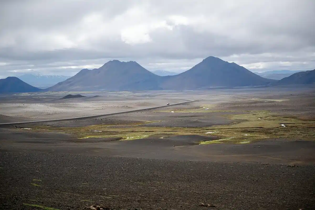 Paesaggio selvaggio e isolato con vegetazione rada e cielo cupo