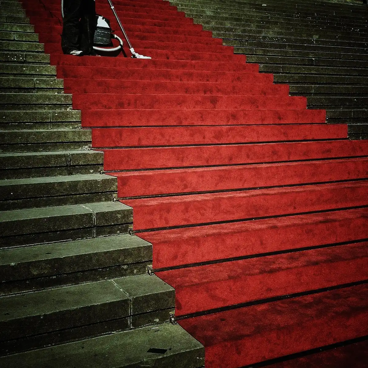 Folla anonima sul red carpet del festival con flash dei fotografi