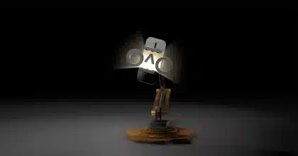 Silhouette di un robot e mani che regolano un pannello in un laboratorio tecnologico